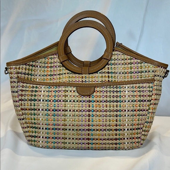 VINTAGE FOSSIL PASTEL WOVEN HANDBAG BROWN ACCENTS ROUND HANDLES KEY CHARM‎ - Picture 2 of 6